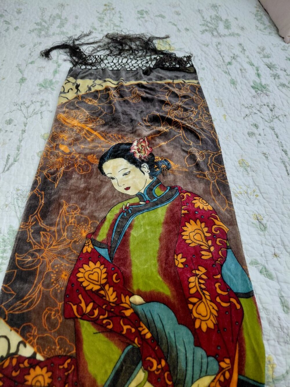 Velvet Asian Scarf with Fringe Artsy Boho Eclectic Wearable Art